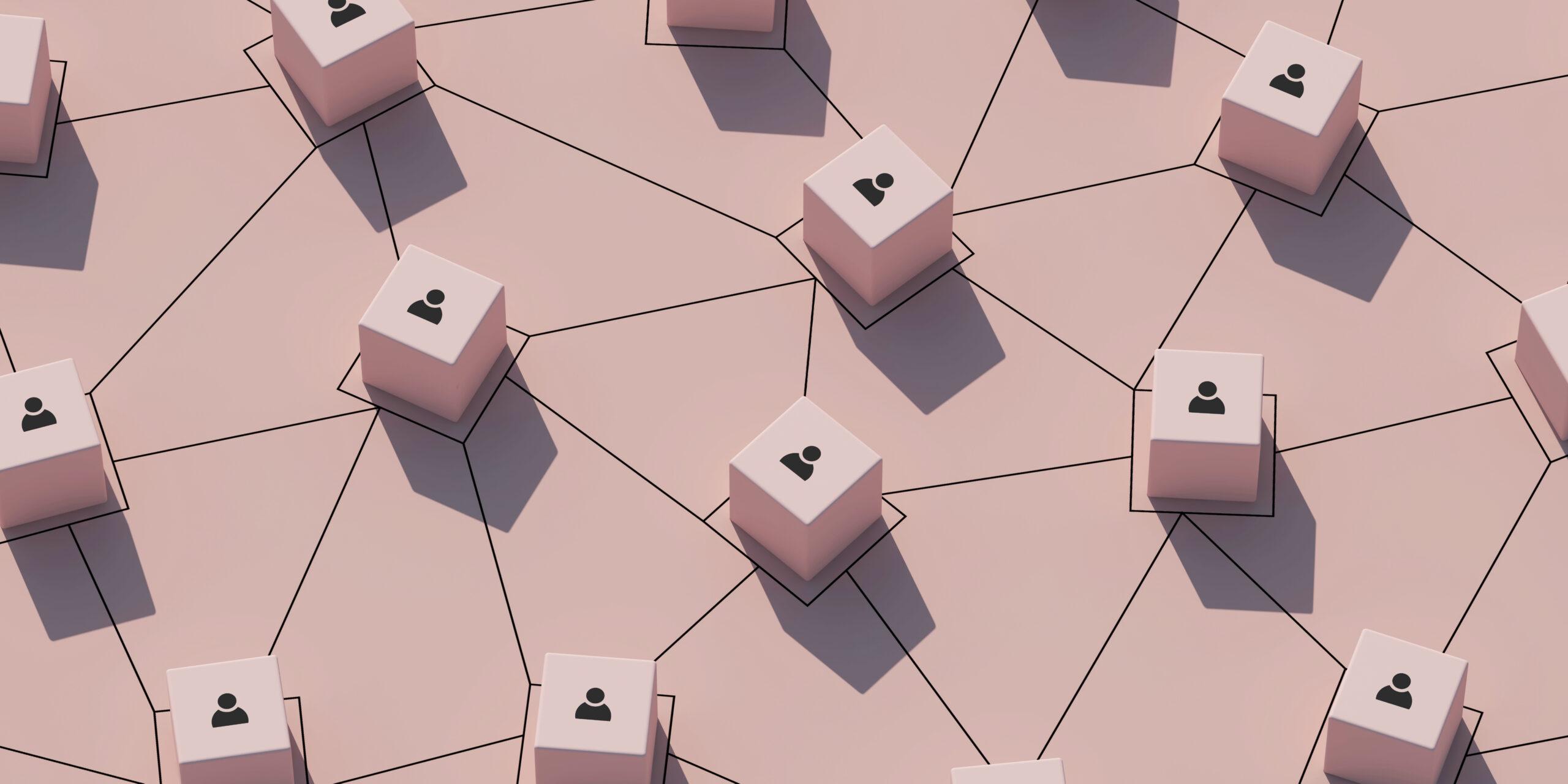 Multichannel marketing data network illustration with connected customer icons on cubes.
